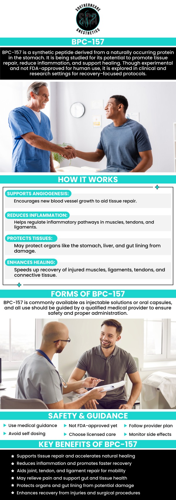 BPC-157 is a powerful peptide that promotes tissue regeneration by enhancing collagen production and reducing inflammation, making it effective for accelerating healing in muscles, tendons, and ligaments. By stimulating growth factors and improving blood flow, it supports faster recovery from injuries and surgeries. Our team at Southern Care Anesthetics emphasizes the potential of BPC-157 in providing faster healing and improving recovery times. For more information, contact us or book an appointment. We are located at 4 Willow Point Ste 1B Hattiesburg, MS 39402.