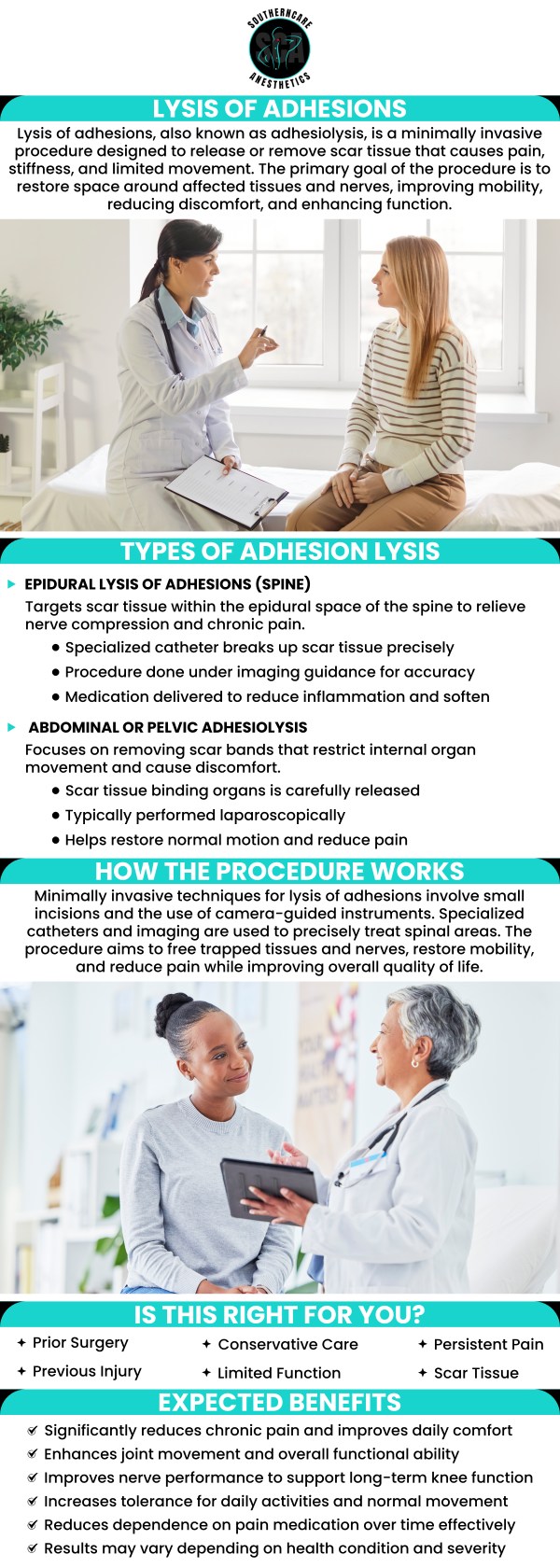 Common questions asked by patients: What is lysis of adhesions? What causes lysis of adhesions? How are adhesions removed? What are the signs and symptoms of adhesions? What is the success rate of lysis of adhesions? Lysis of adhesion procedure is available at Southern Care Anesthetics. For more information, contact us or book an appointment. We are located at 4 Willow Point Ste 1B Hattiesburg, MS 39402. We serve patients from Hattiesburg MS, Petal MS, Barrontown MS, Oak Grove MS, West Hattiesburg MS, and surrounding areas.