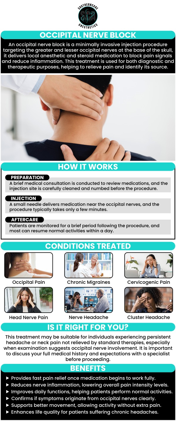 An occipital nerve block injects sedative medication near the occipital nerves. An occipital nerve block provides temporary or permanent relief from pain, lowers inflammation in affected nerves, helps diagnose the source of discomfort, improves regular function, and promotes recovery. It may help you detect whether the pain in your head or neck is caused by the occipital nerve or something else. If you're considering getting an occipital nerve block injection, consult our specialists at Southern Care Anesthetics. For more information, contact us or book an appointment online. We are located at 4 Willow Point Ste 1B Hattiesburg, MS 39402.