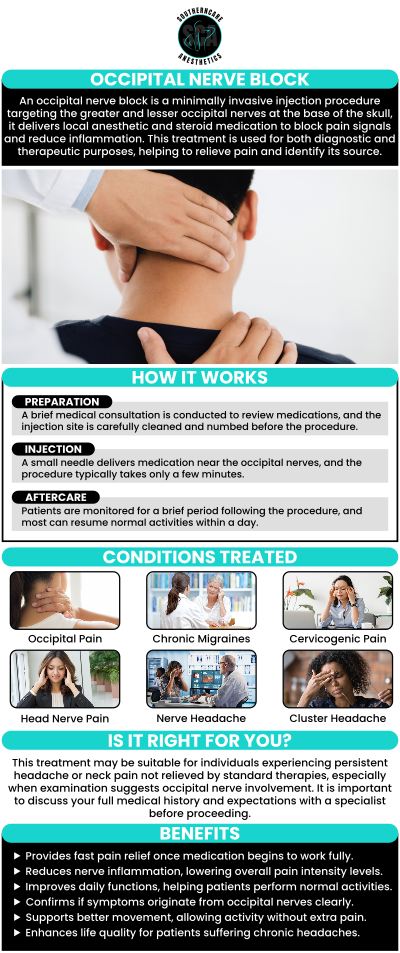 An occipital nerve block injects sedative medication near the occipital nerves. An occipital nerve block provides temporary or permanent relief from pain, lowers inflammation in affected nerves, helps diagnose the source of discomfort, improves regular function, and promotes recovery. It may help you detect whether the pain in your head or neck is caused by the occipital nerve or something else. If you're considering getting an occipital nerve block injection, consult our specialists at Southern Care Anesthetics. For more information, contact us or book an appointment online. We are located at 4 Willow Point Ste 1B Hattiesburg, MS 39402.