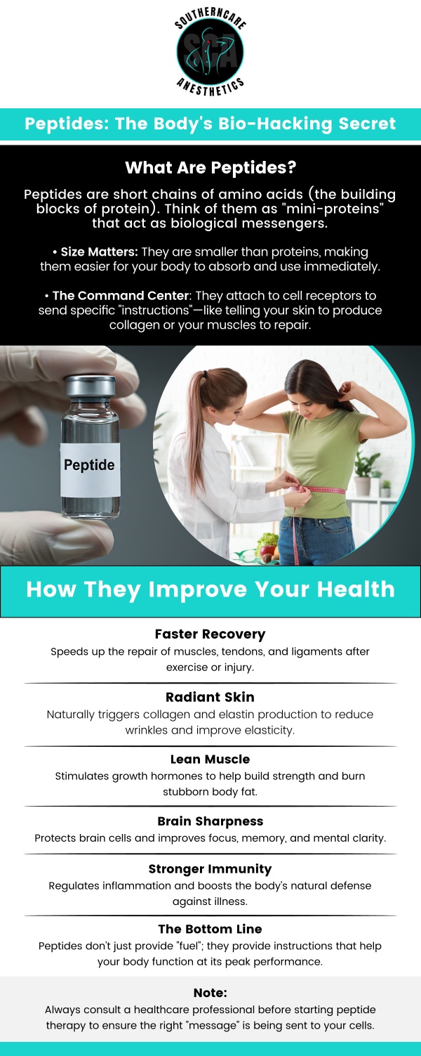 At Southern Care Anesthetics in Hattiesburg, MS, our team offers peptide therapy designed to enhance athletic performance, increase energy, and support overall physical endurance. Peptides can help improve muscle function, reduce fatigue, and promote recovery after intense training sessions. Our personalized approach ensures that each treatment plan is tailored to meet the specific goals of athletes and active individuals.For more information, contact us or book an appointment. We are located at 4 Willow Point Ste 1B Hattiesburg, MS 39402. At Southern Care Anesthetics in Hattiesburg, MS, our team offers peptide therapy designed to enhance athletic performance, increase energy, and support overall physical endurance. Peptides can help improve muscle function, reduce fatigue, and promote recovery after intense training sessions. Our personalized approach ensures that each treatment plan is tailored to meet the specific goals of athletes and active individuals.For more information, contact us or book an appointment. We are located at 4 Willow Point Ste 1B Hattiesburg, MS 39402.